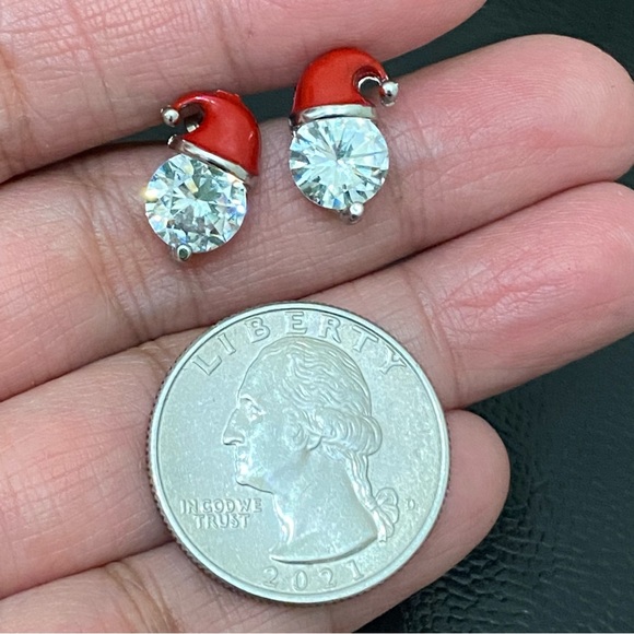 Adorable Enamel Santa Claus Hat Clear CZ Rhinestones Stud Earrings - Picture 7 of 11
